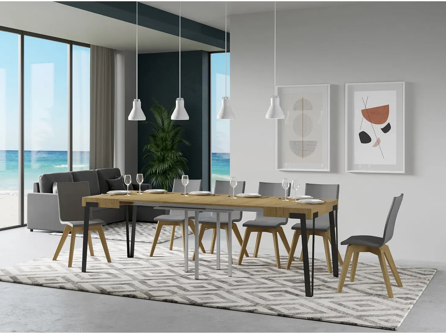 Mesa extensible 90x90/246 cm Rio Roble Natural estructura Antracita