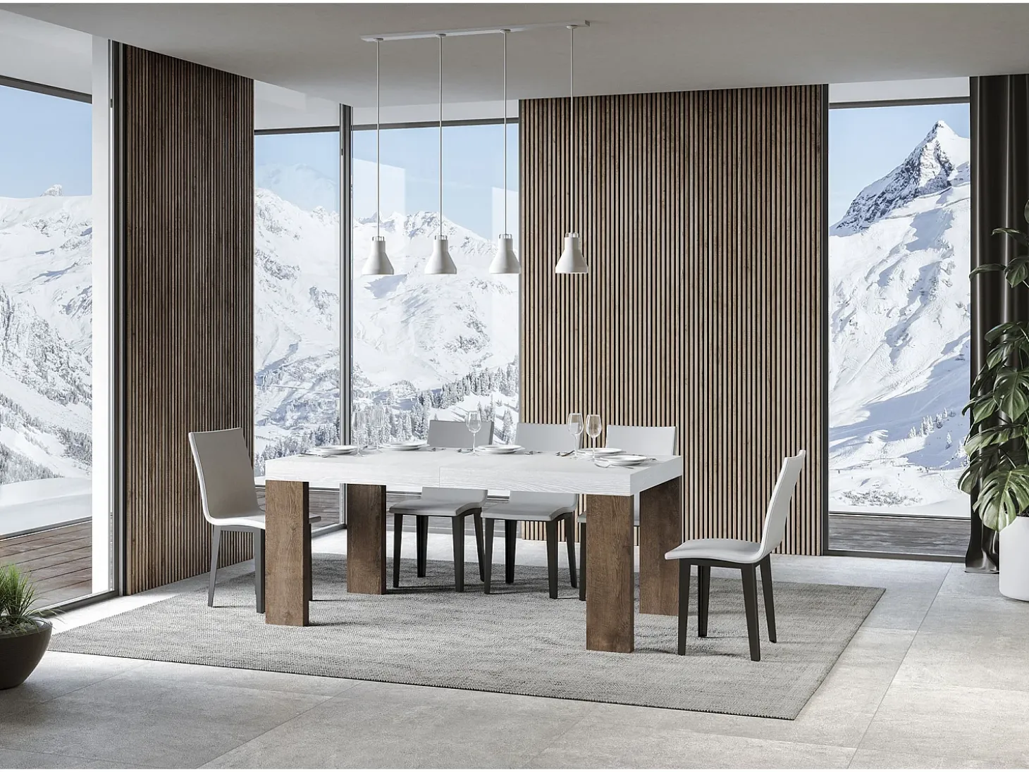 Mesa extensible 90x160/264 cm Roxell Mix Tapa fresno blanco - Patas nogal