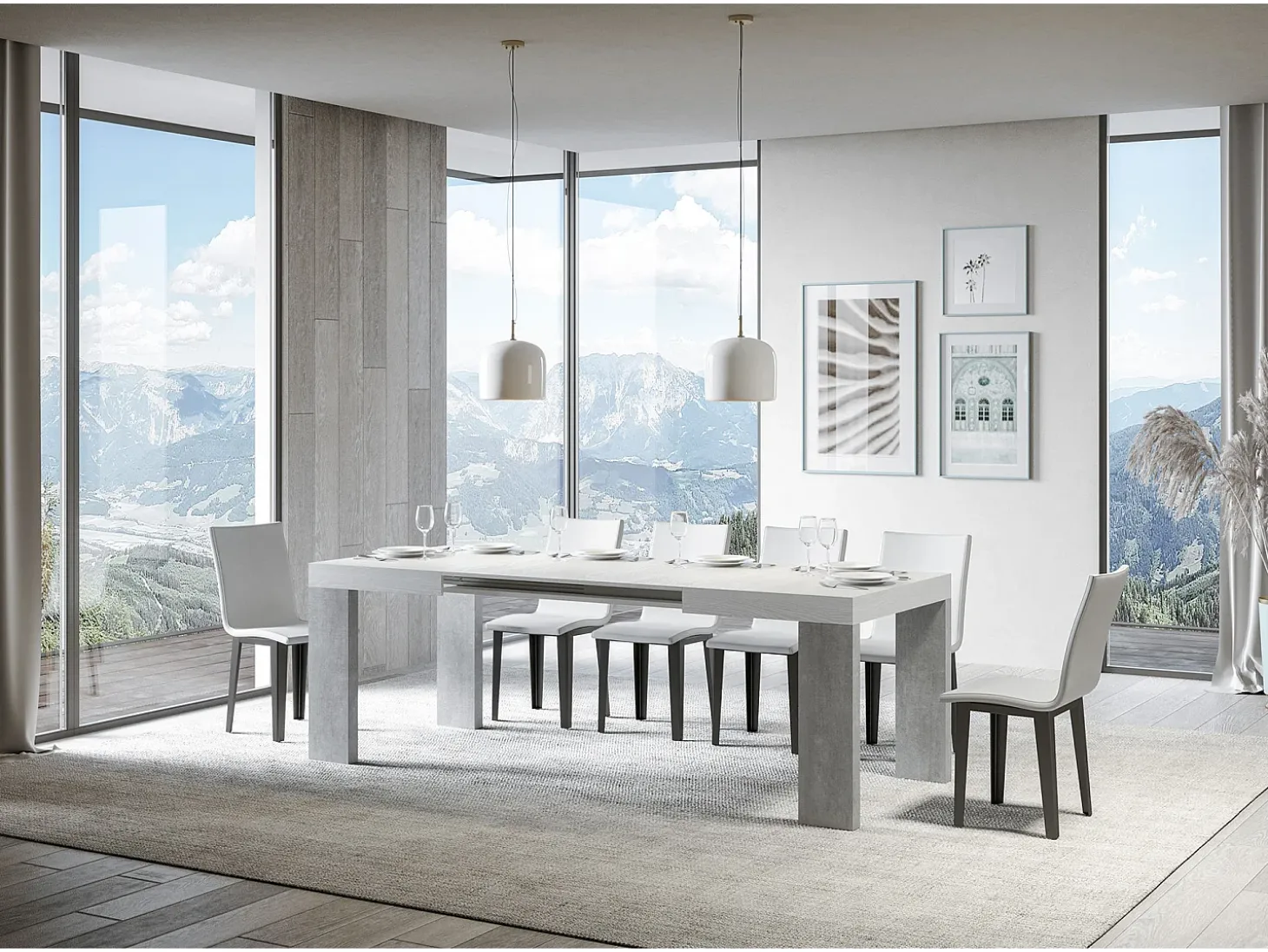 Mesa extensible 90x130/390 cm Roxell Mix Tapa fresno blanco - Patas cemento