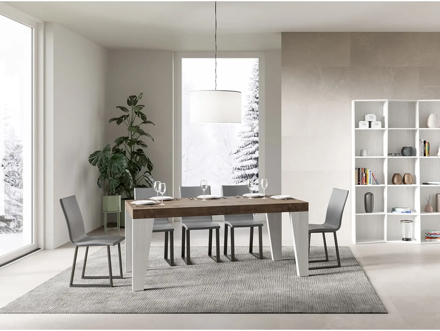 Mesa extensible 90x180/440 cm Tapa Naxy Mix Nogal - Patas Fresno Blanco
