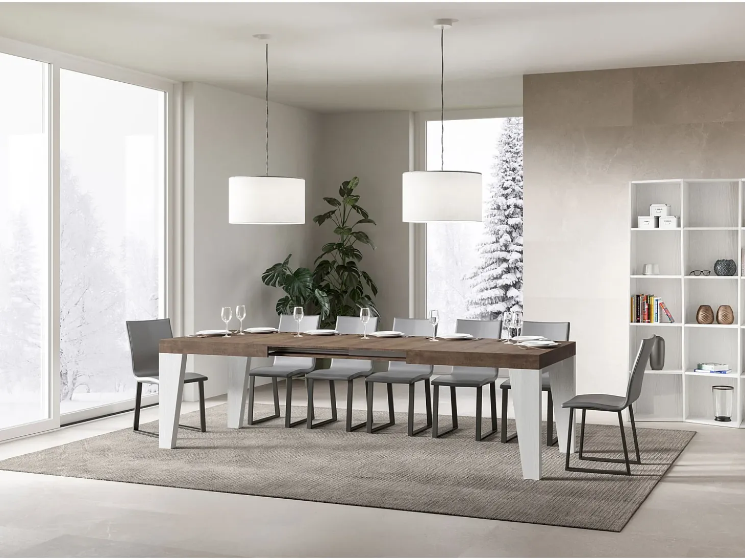 Mesa extensible 90x180/440 cm Tapa Naxy Mix Nogal - Patas Fresno Blanco