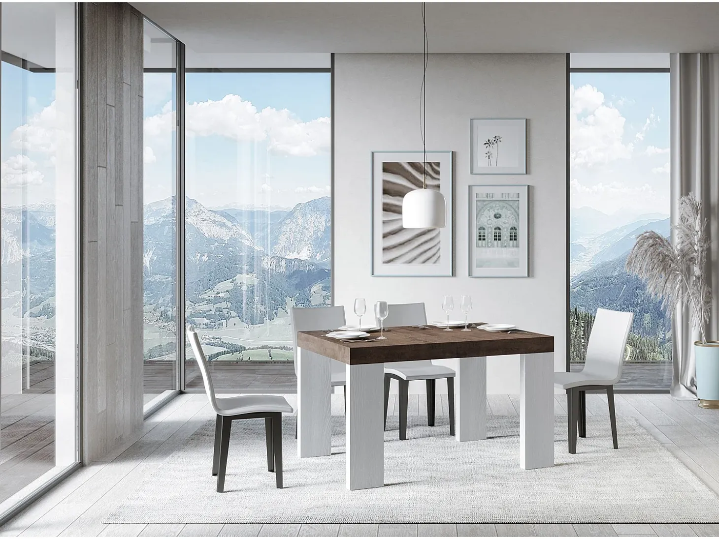 Mesa extensible 90x130/390 cm Tapa Roxell Mix Nogal - Patas Fresno Blanco