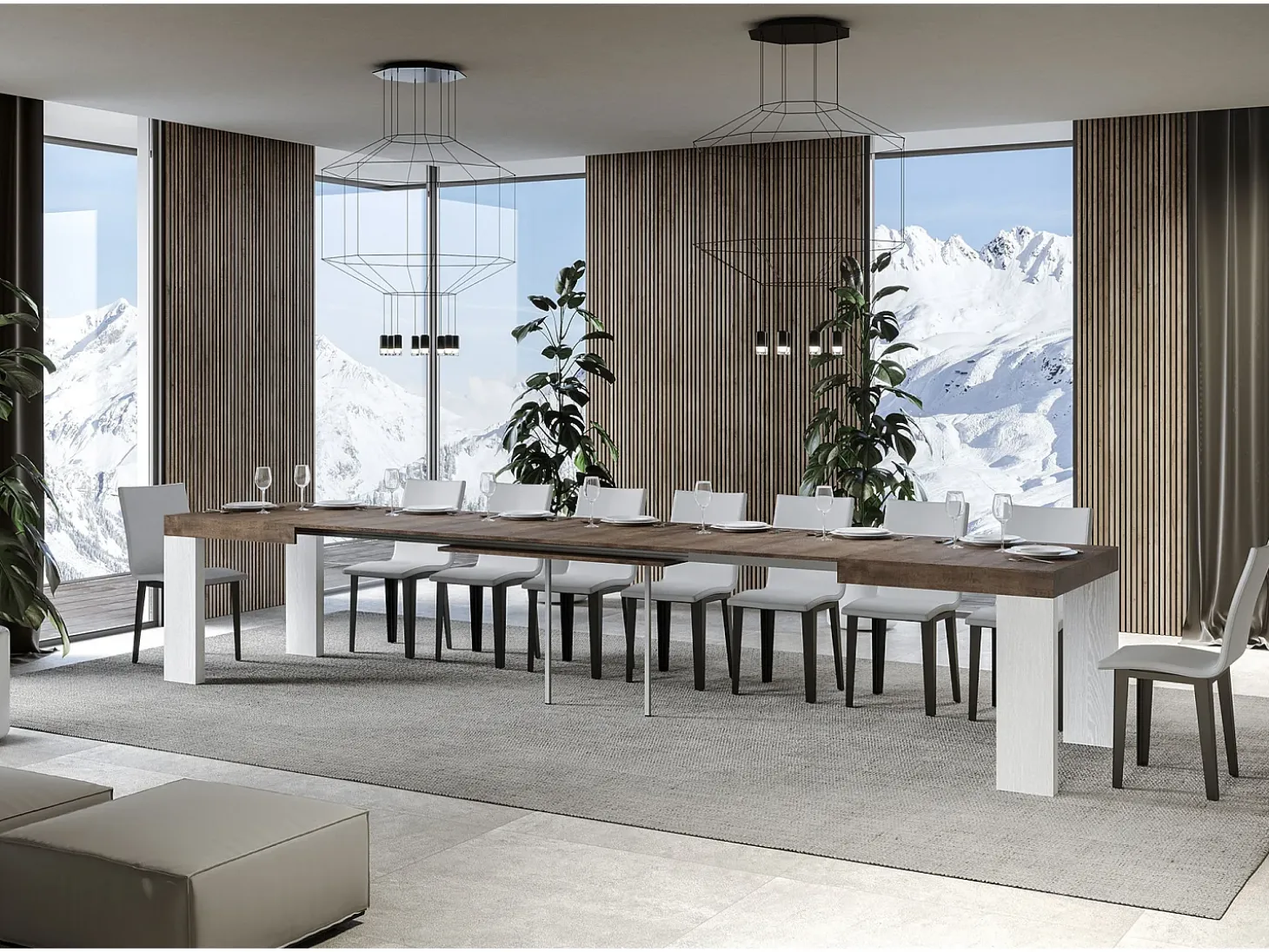 Mesa extensible 90x130/390 cm Tapa Roxell Mix Nogal - Patas Fresno Blanco