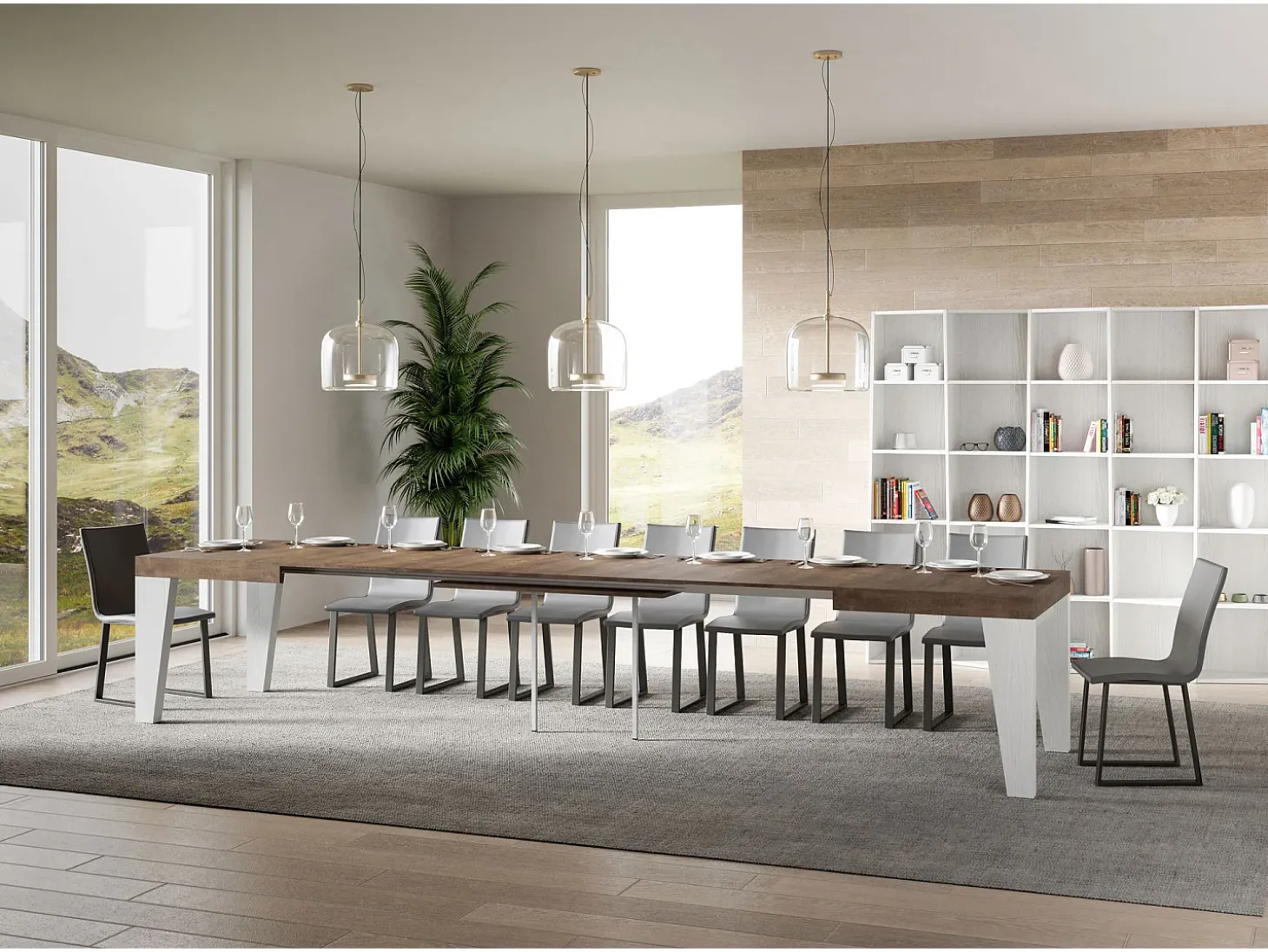Mesa extensible 90x130/390 cm Tapa Naxy Mix Nogal - Patas Fresno Blanco