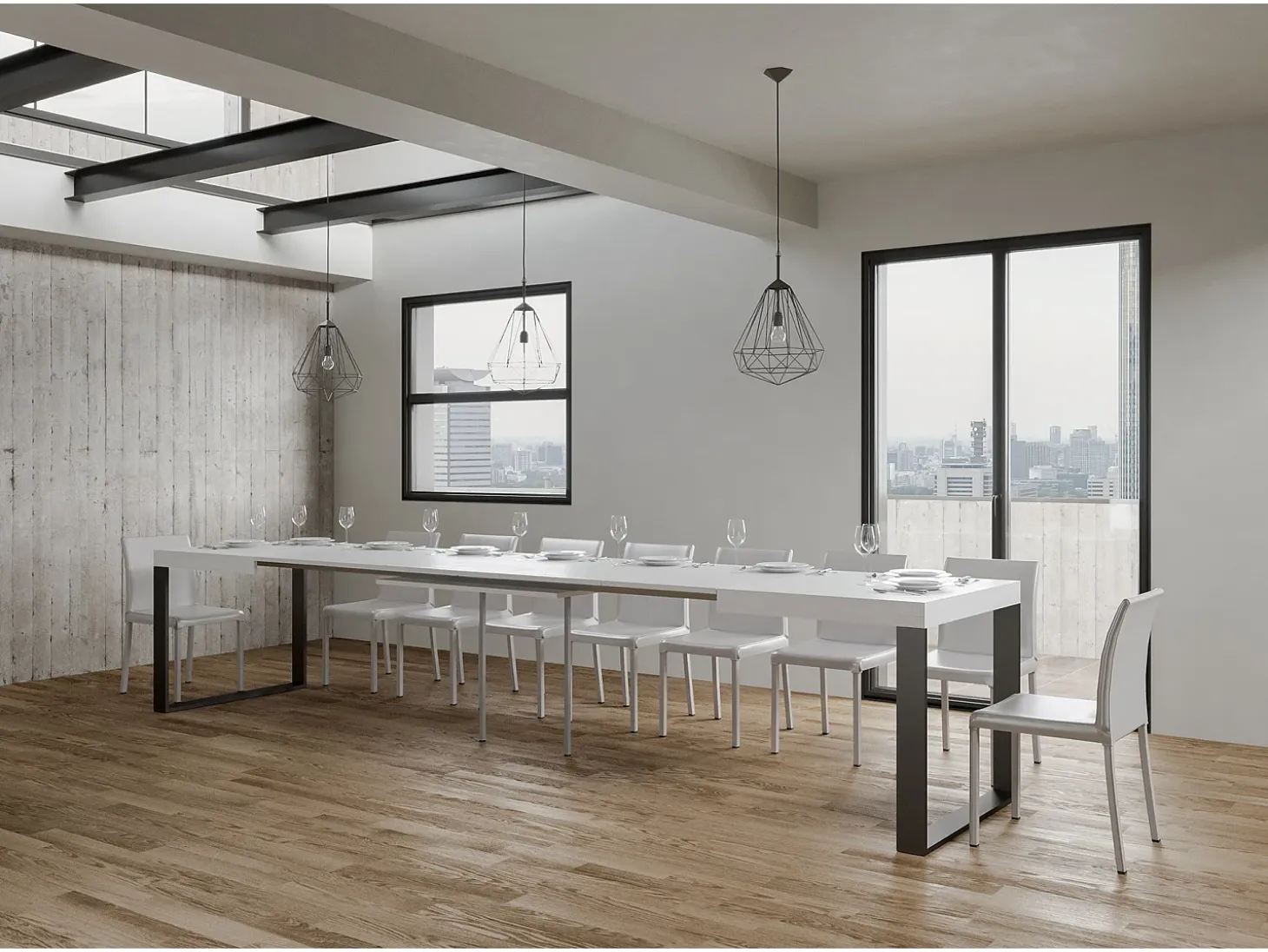 Mesa extensible 140/400x90 cm Tecno fresno blanco patas antracita