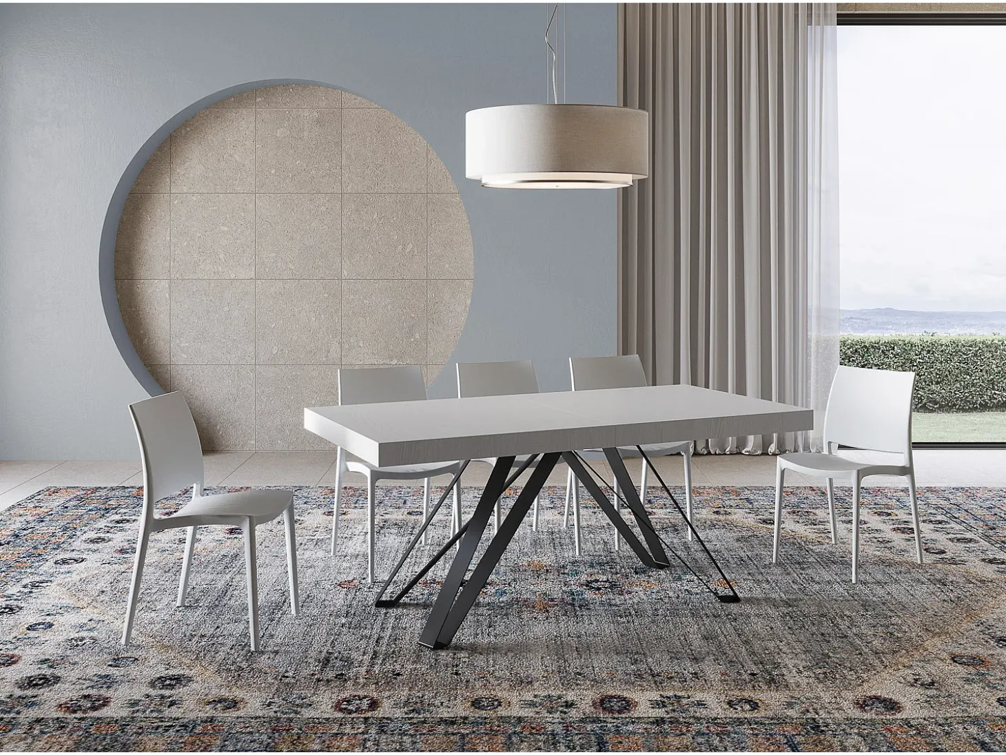 Mesa extensible 200/304x90 cm Terium efecto madera fresno blanco patas antracita