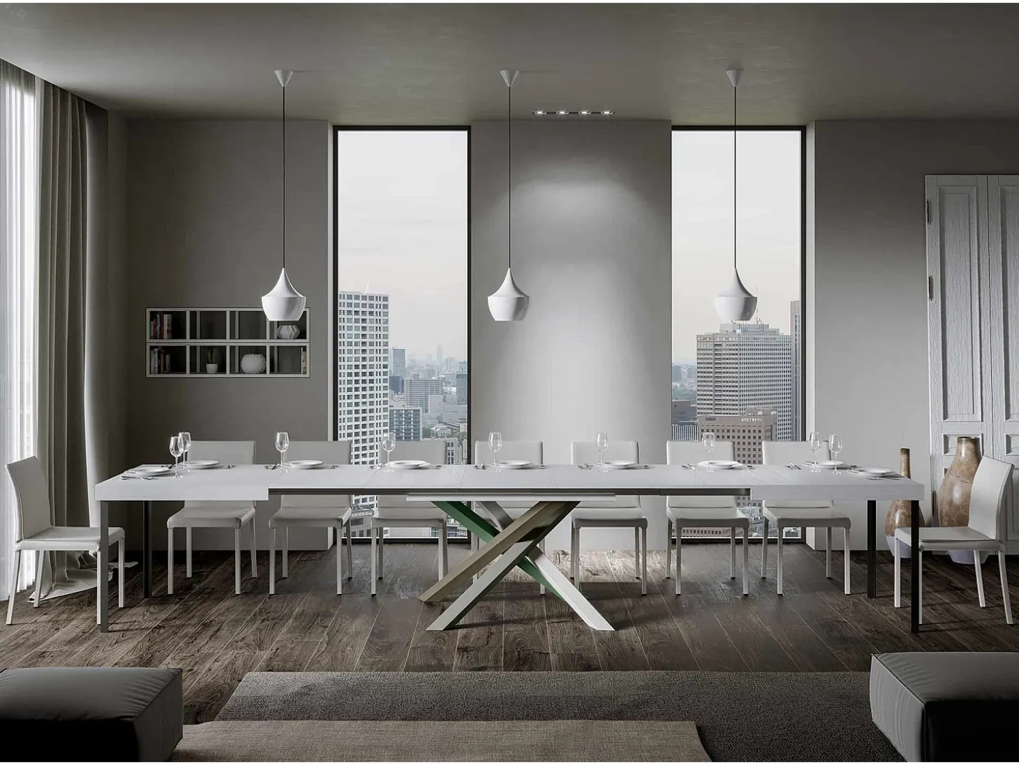 Mesa extensible 140/400x90 cm Volantis fresno blanco patas multicolor 4/A