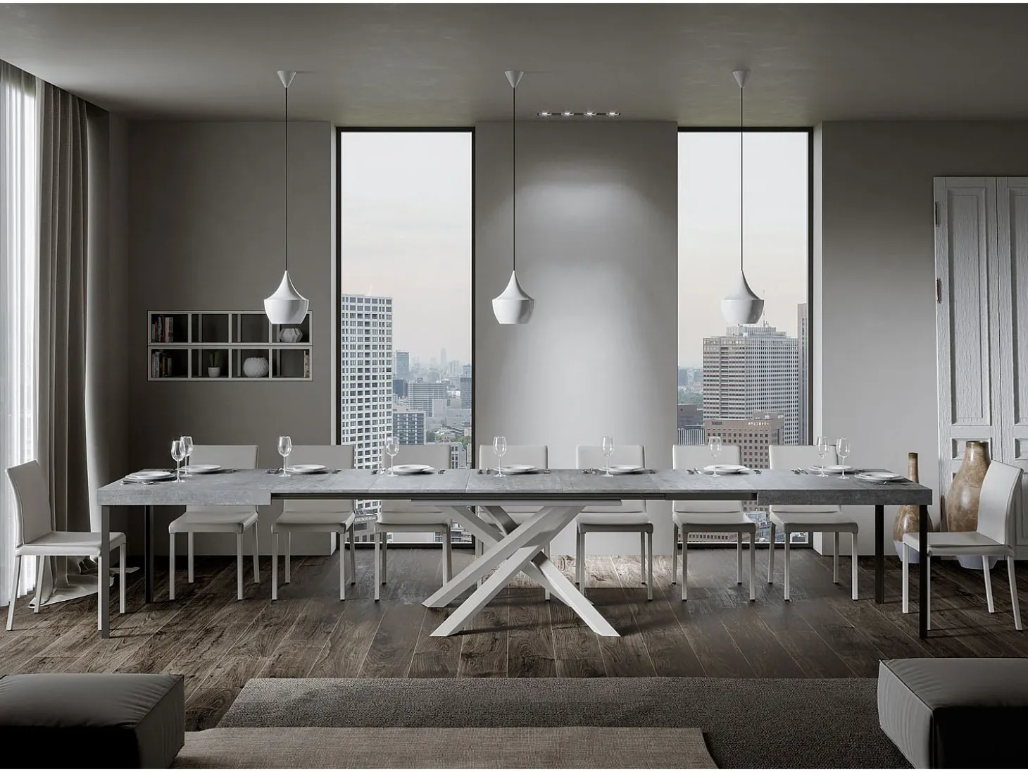 Mesa extensible 160/420x90 cm Volantis cemento patas blancas