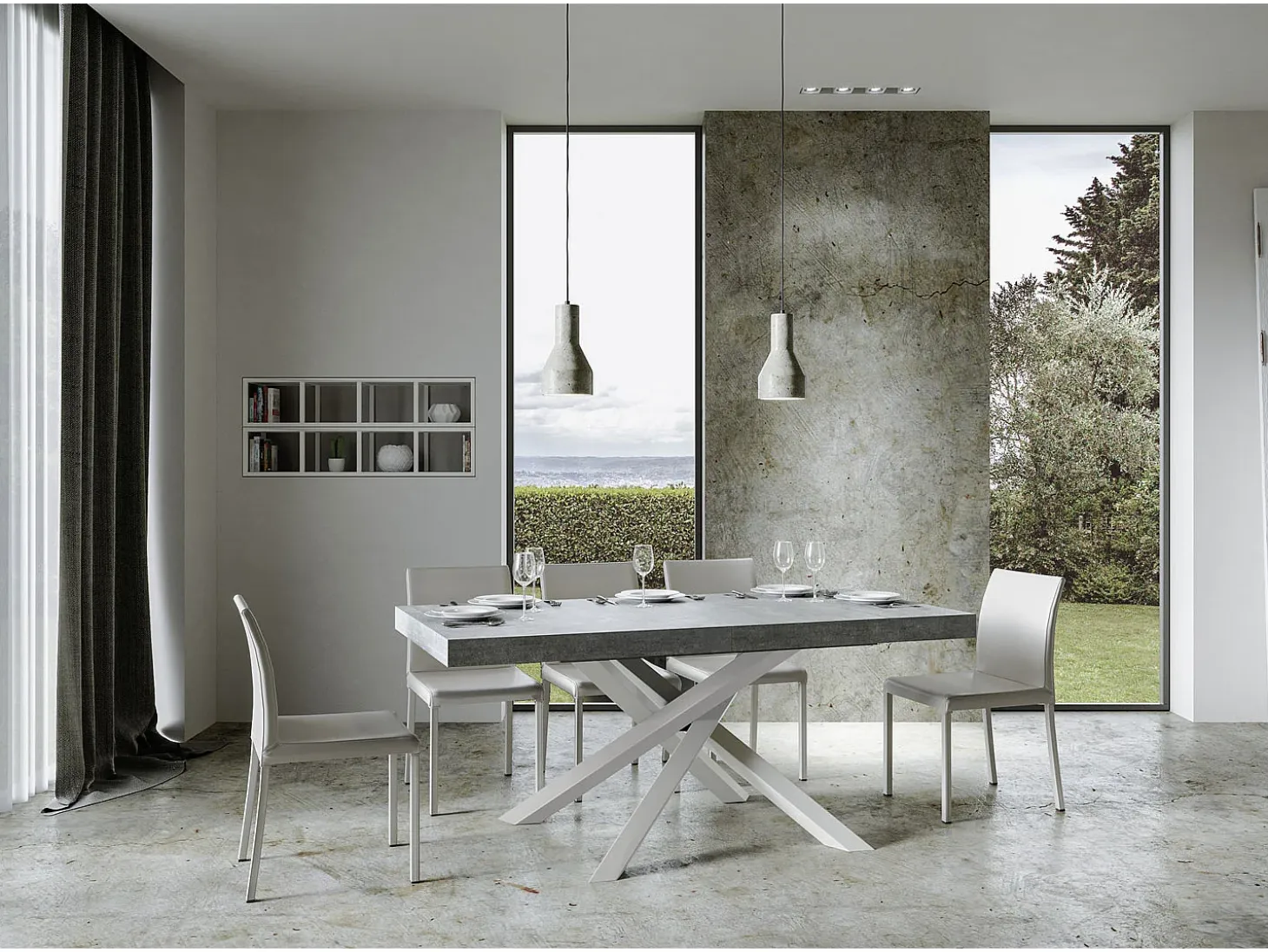 Mesa extensible 160/420x90 cm Volantis cemento patas blancas