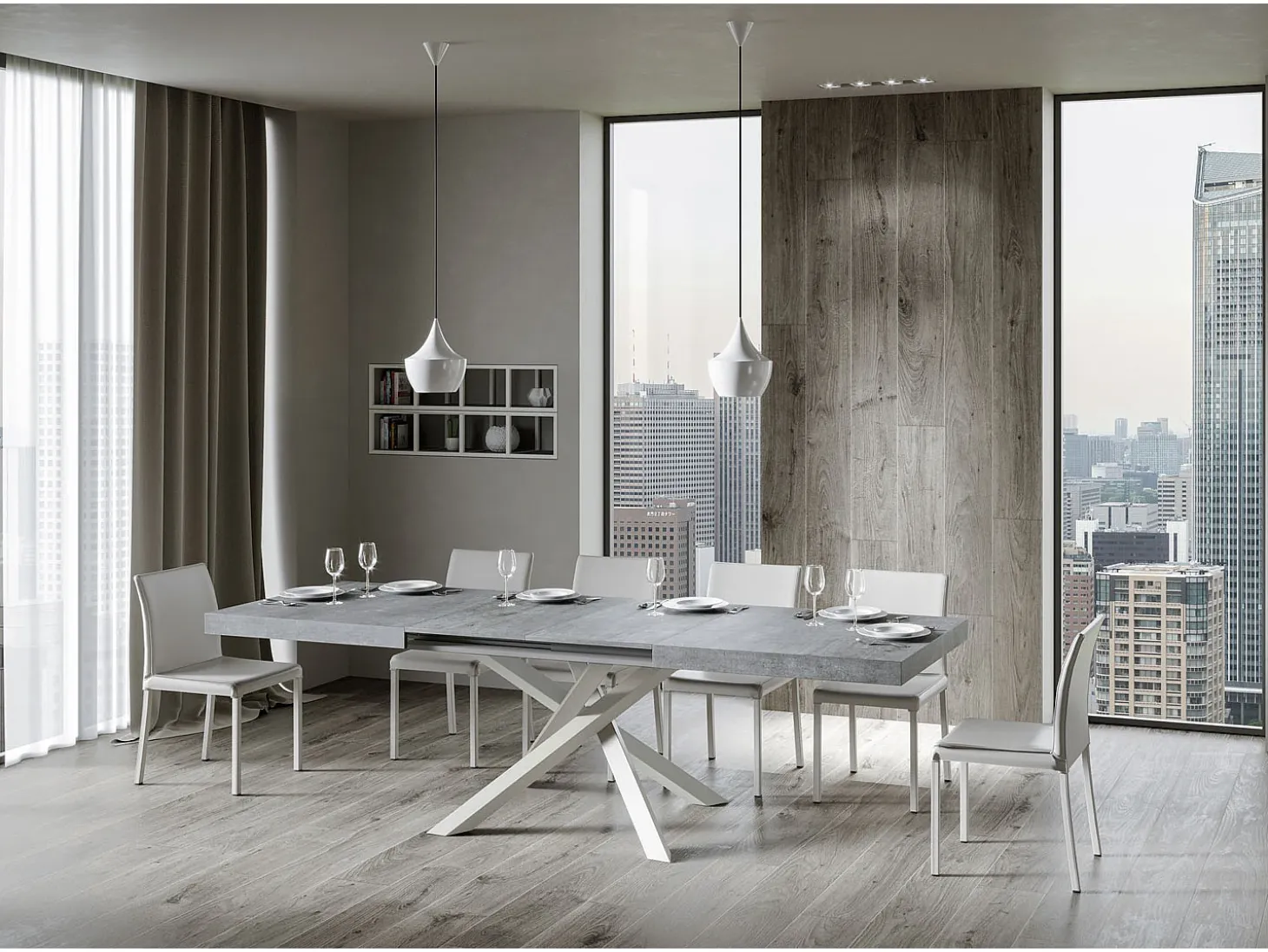 Mesa extensible 160/420x90 cm Volantis cemento patas blancas