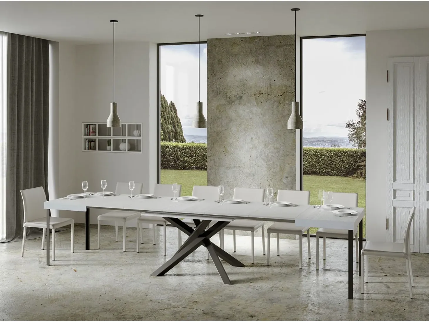 Mesa extensible 180/440x90 cm Volantis fresno blanco patas antracita