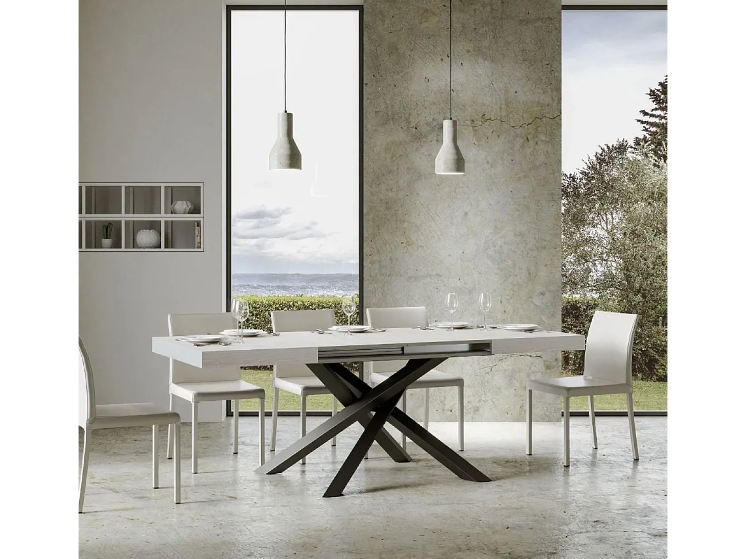 Mesa extensible 130/234x90 cm Volantis fresno blanco patas antracita