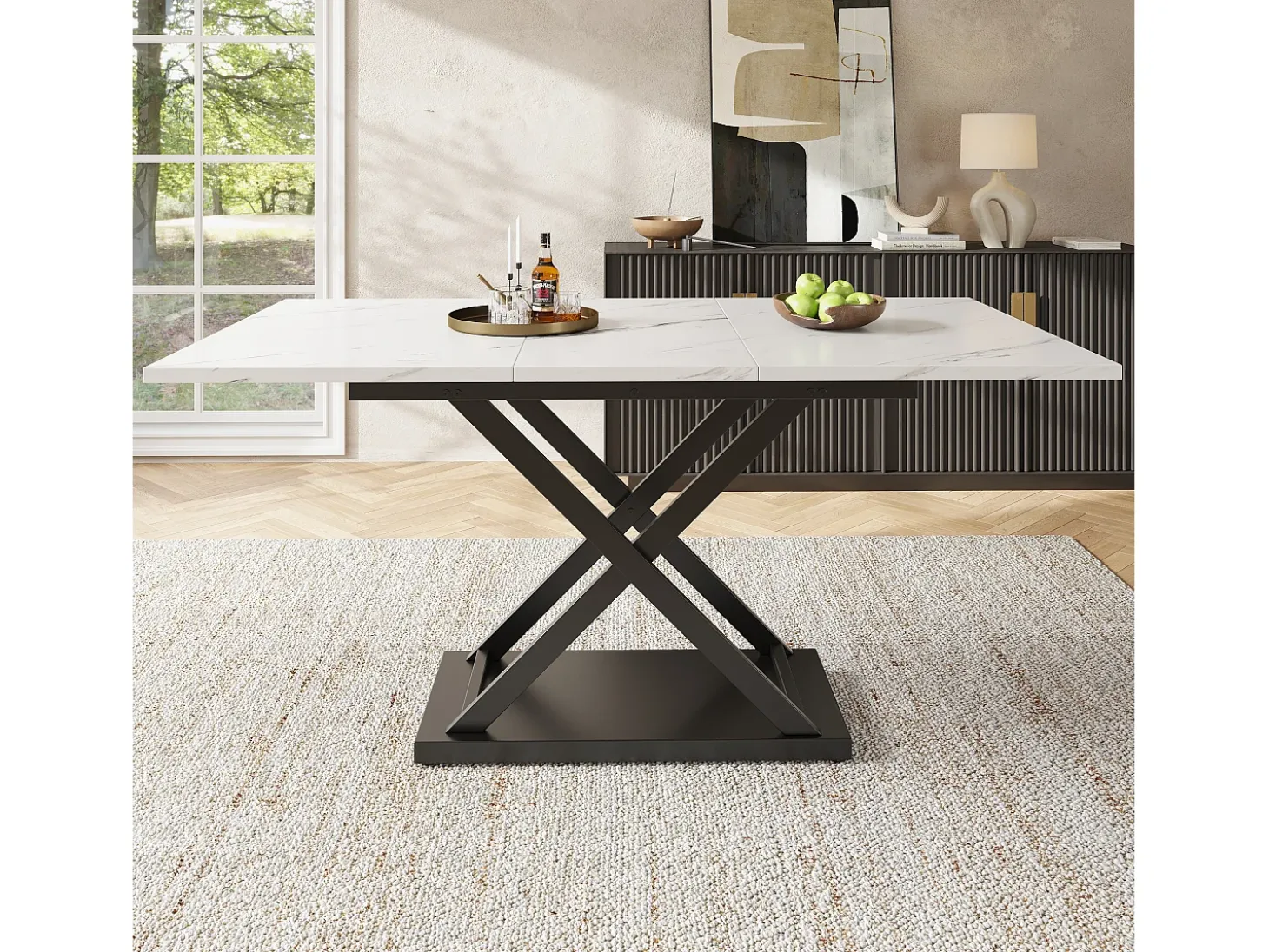 Mesa extensible 120-160x80x75 cm, Mesa telescópica, almacenaje, patas cruzadas de metal negro, para cocina y salón (120-160x80x75 cm)