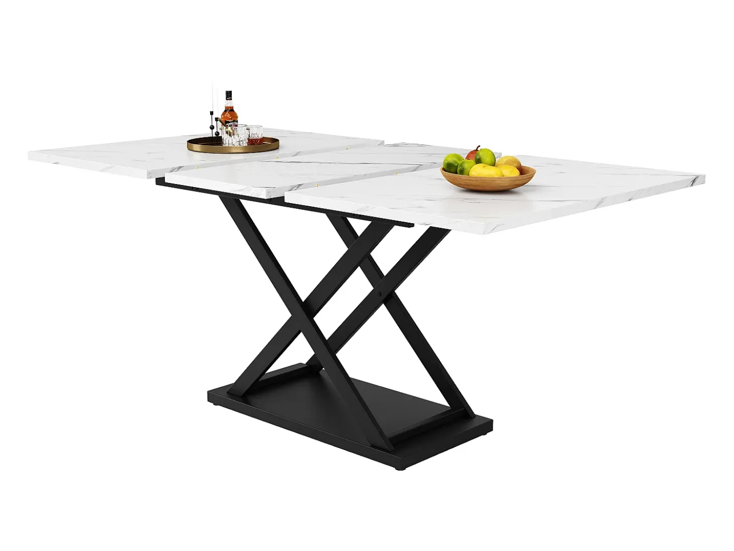 Mesa extensible 120-160x80x75 cm, Mesa telescópica, almacenaje, patas cruzadas de metal negro, para cocina y salón (120-160x80x75 cm)