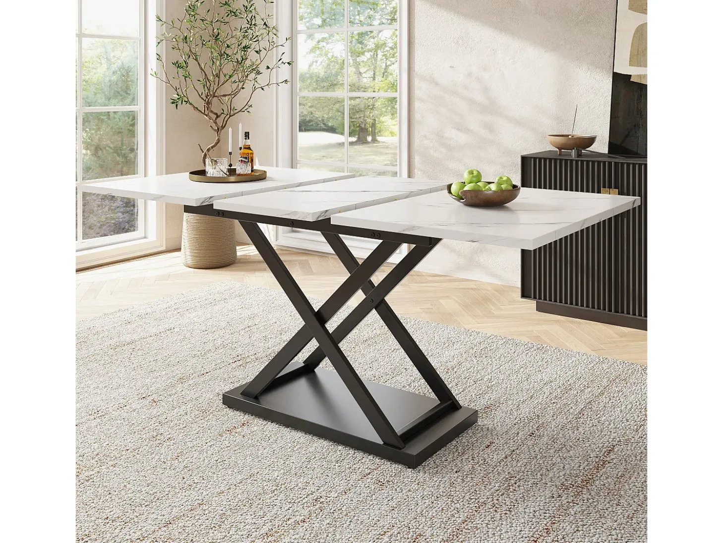 Mesa extensible 120-160x80x75 cm, Mesa telescópica, almacenaje, patas cruzadas de metal negro, para cocina y salón (120-160x80x75 cm)