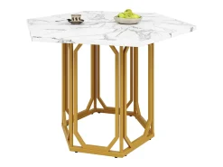 Mesa hexagonal de diseño, tablero de mármol, MDF y metal, color dorado (110,2x95,4x75,5cm)