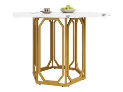 Mesa hexagonal de diseño, tablero de mármol, MDF y metal, color dorado (110,2x95,4x75,5cm)