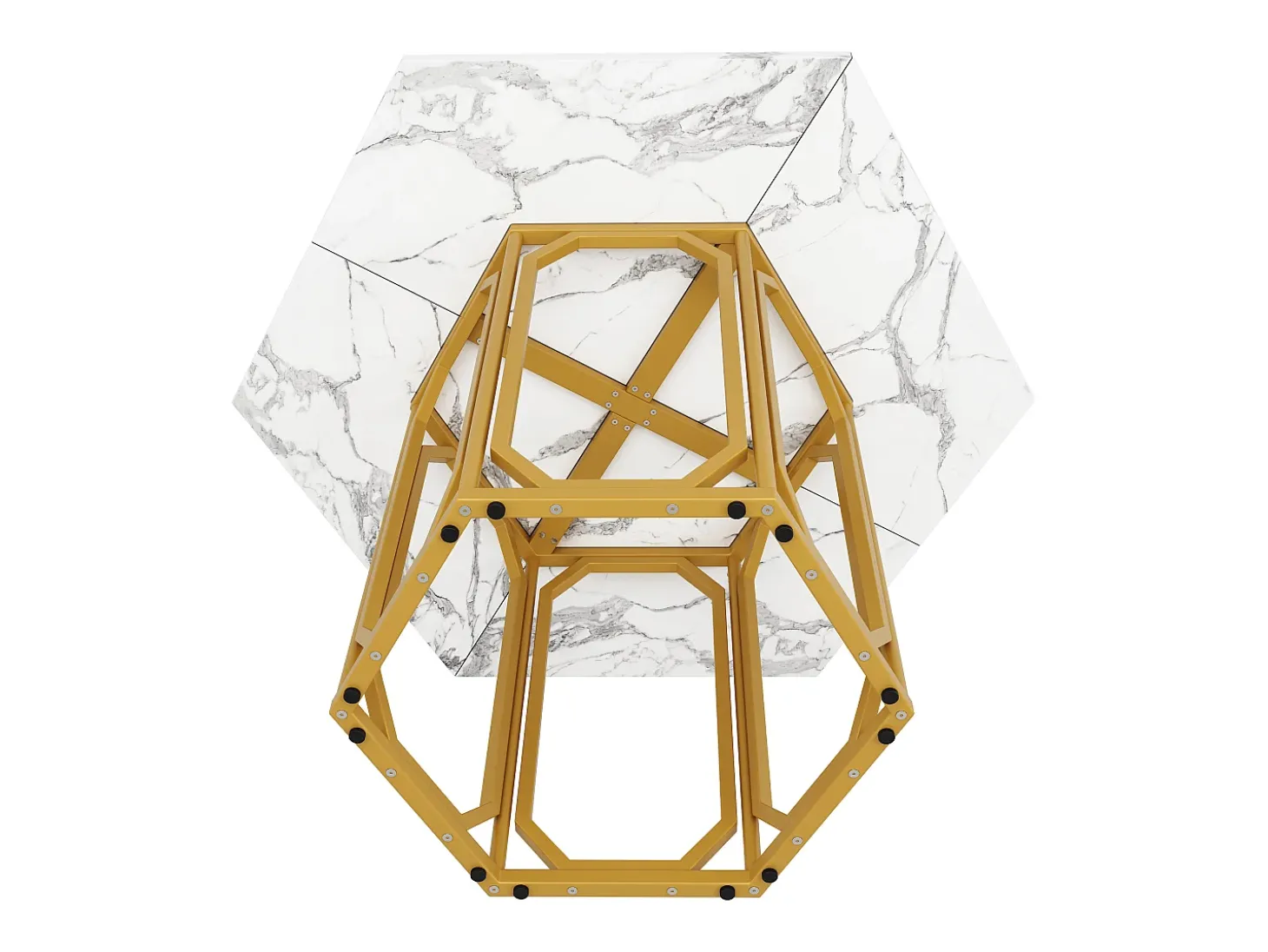 Mesa hexagonal de diseño, tablero de mármol, MDF y metal, color dorado (110,2x95,4x75,5cm)