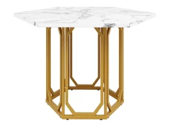 Mesa hexagonal de diseño, tablero de mármol, MDF y metal, color dorado (110,2x95,4x75,5cm)