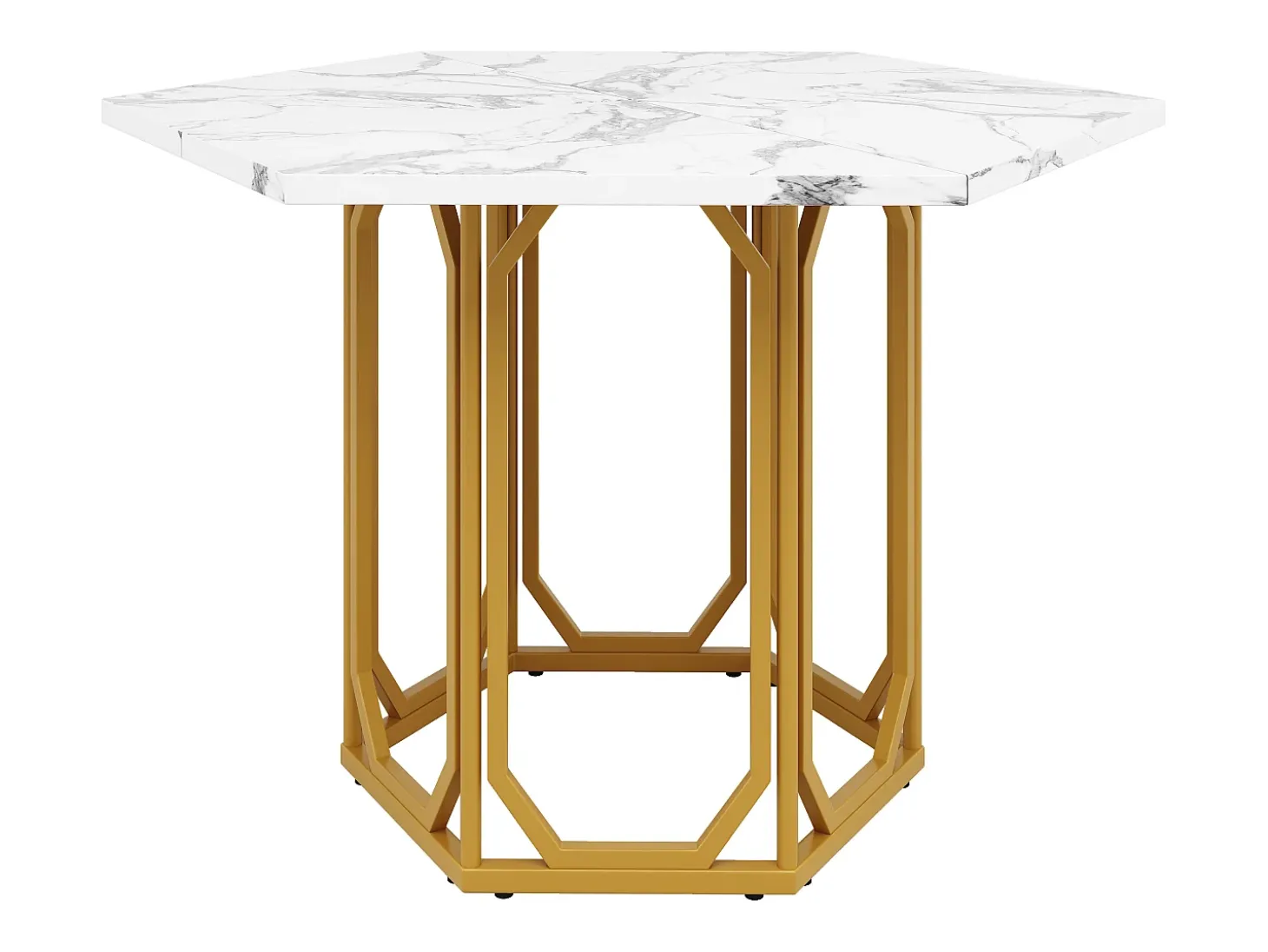 Mesa hexagonal de diseño, tablero de mármol, MDF y metal, color dorado (110,2x95,4x75,5cm)