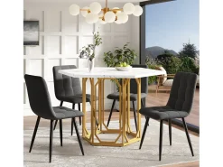 Mesa hexagonal de diseño, tablero de mármol, MDF y metal, color dorado (110,2x95,4x75,5cm)