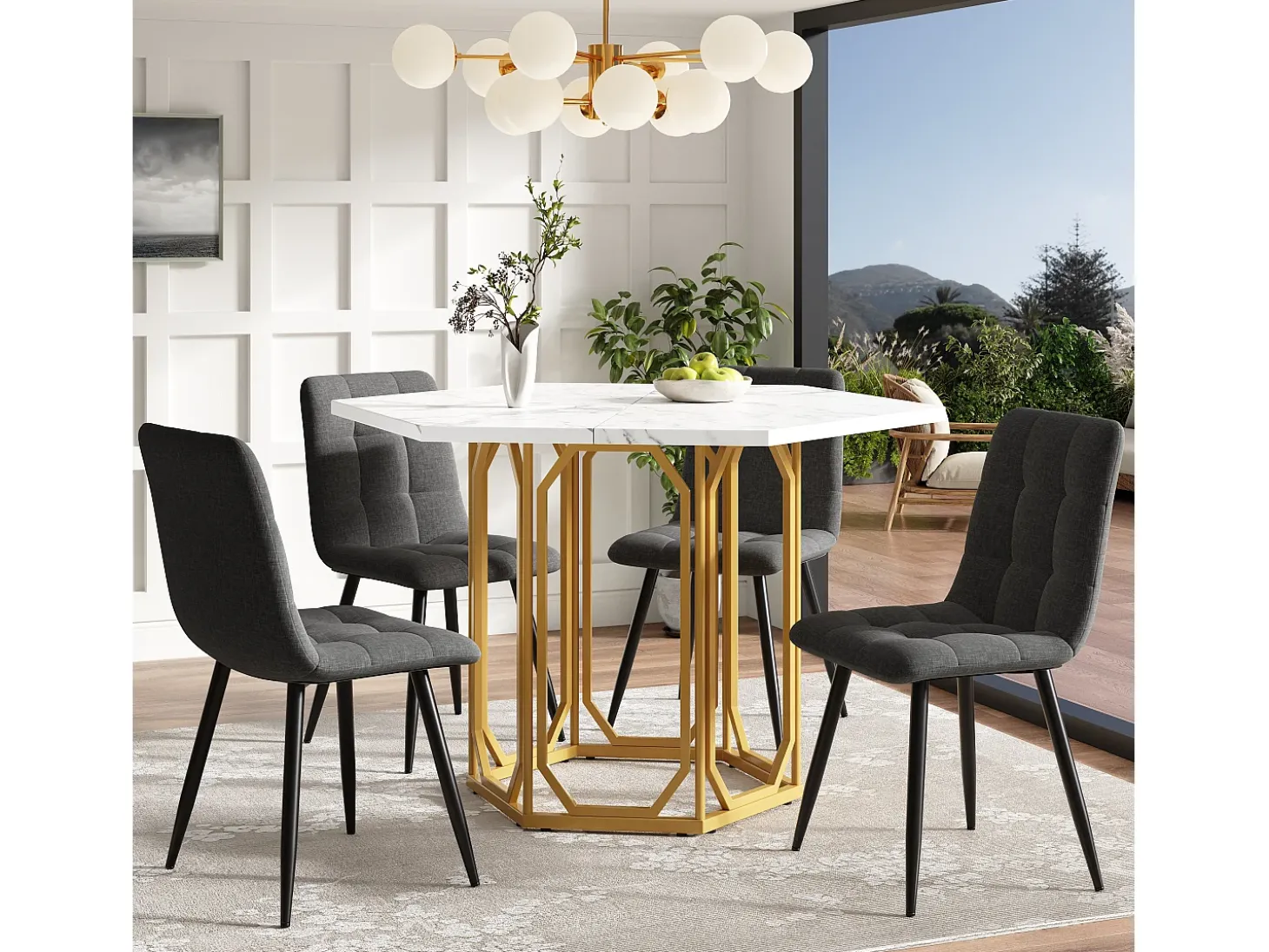 Mesa hexagonal de diseño, tablero de mármol, MDF y metal, color dorado (110,2x95,4x75,5cm)