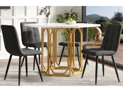 Mesa hexagonal de diseño, tablero de mármol, MDF y metal, color dorado (110,2x95,4x75,5cm)