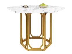Mesa hexagonal de diseño, tablero de mármol, MDF y metal, color dorado (110,2x95,4x75,5cm)