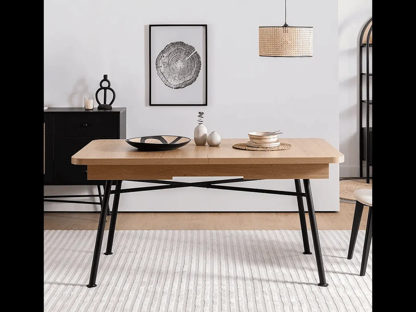 Mesa Kailua U115, Negro|De color marrón claro, 77x90x160cm, Alargamiento, Metal