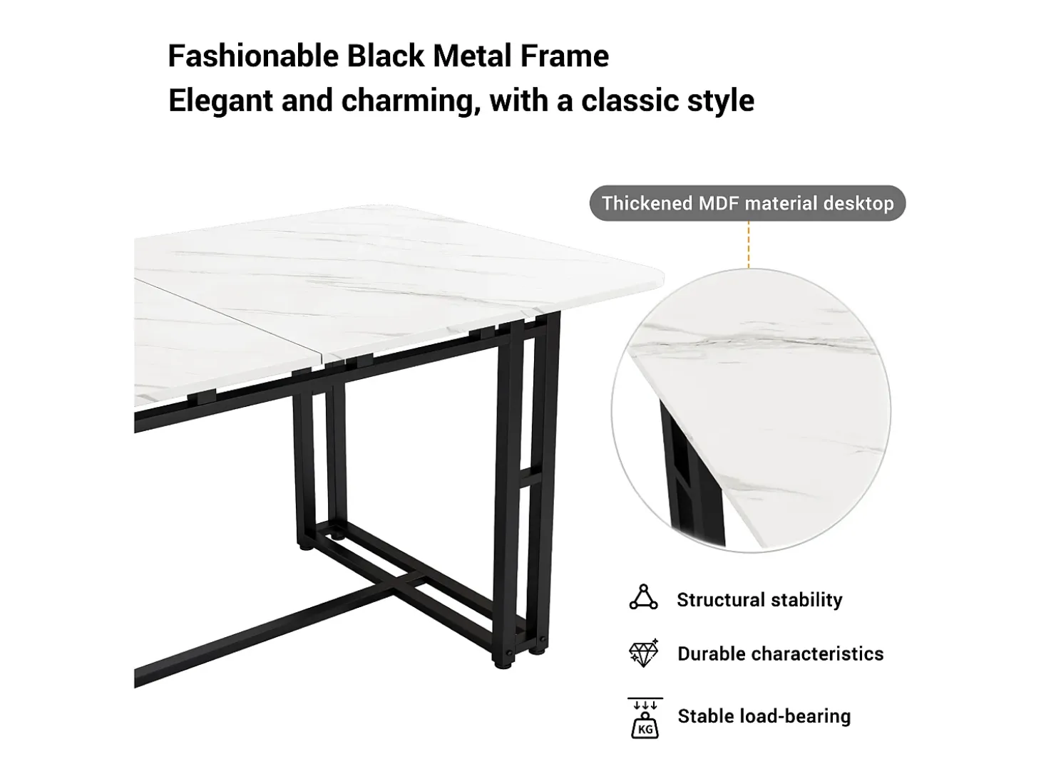 Mesa moderna 140x80 cm, diseño elegante, patas de metal negro para comedor y cocina