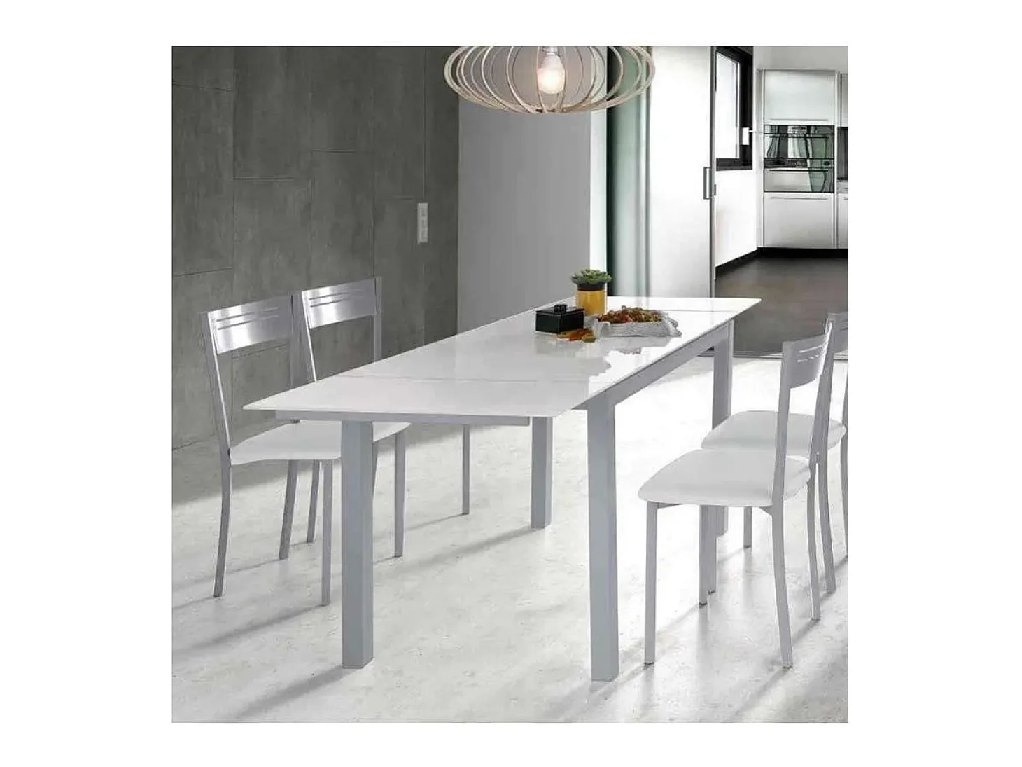 Mesa para cocina extensible acabado cristal blanco, 76.5 cm(alto) 110/170 cm(ancho)70 cm(f