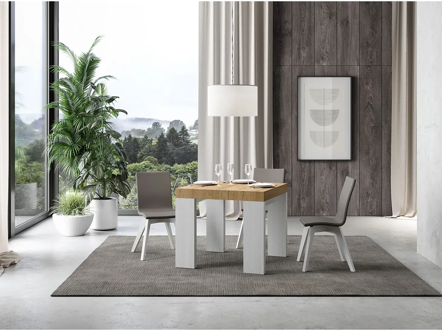 Mesa pequeña cuadrada extensible de madera clara y blanca 90 a 246 cm Ribo