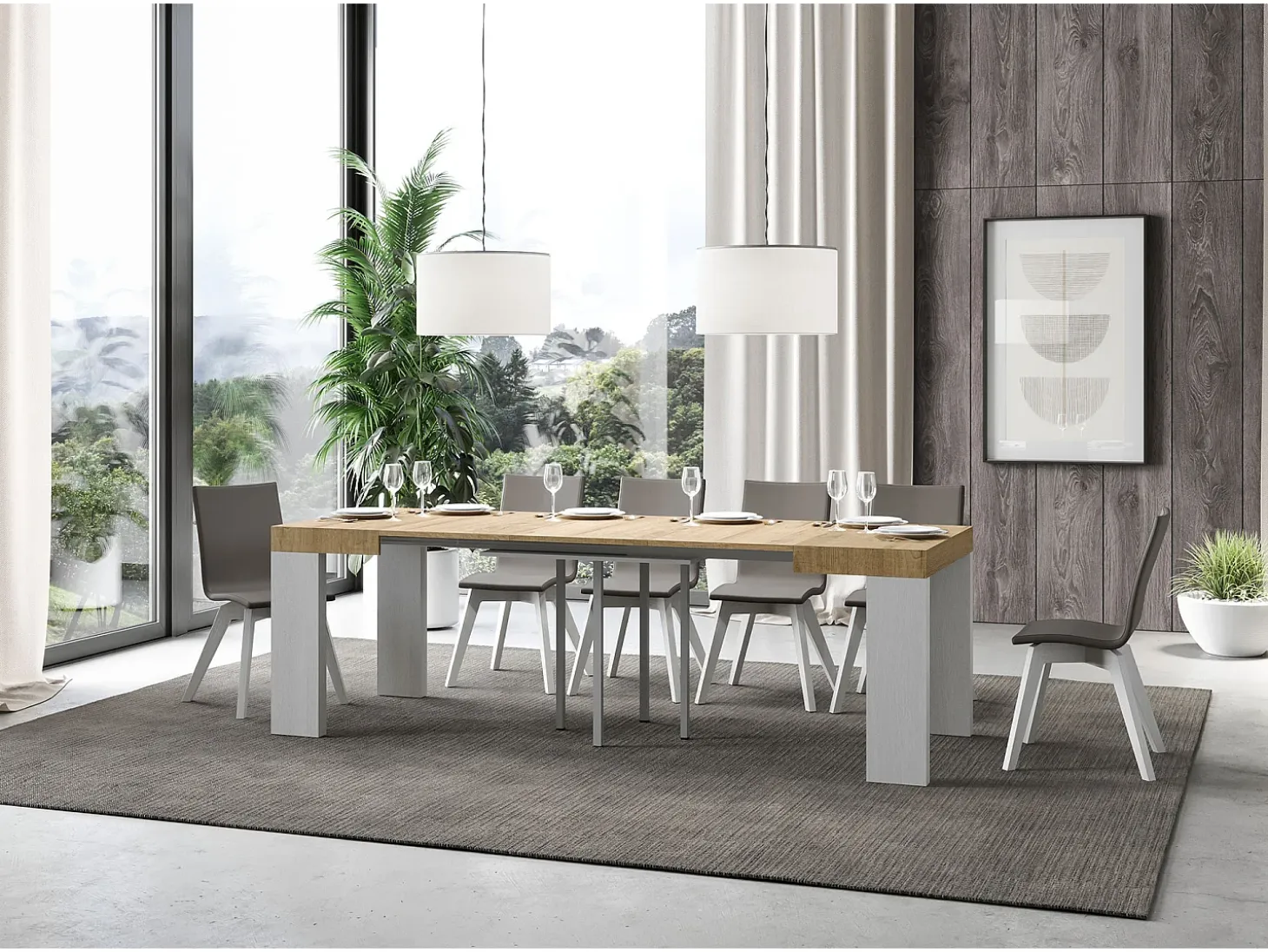 Mesa pequeña cuadrada extensible de madera clara y blanca 90 a 246 cm Ribo