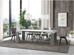 Mesa pequeña cuadrada extensible blanca y gris cemento 90 a 246 cm Ribo