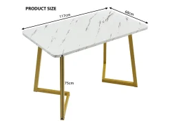 Mesa rectangular de 117x68 cm con 4 sillas, MDF, patas de metal dorado, diseño moderno con efecto mármol (117x68x75 cm)