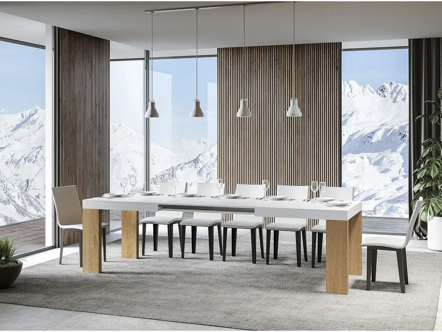 Mesa rectangular extensible blanca y madera clara 180 a 440 cm Ribo-Soporte 2 pies