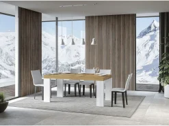 Mesa rectangular extensible madera blanca y natural 160 a 420 cm Ribo-Base y soporte con ruedas