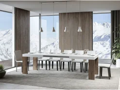 Mesa rectangular extensible madera blanca y nogal 160 a 420 cm Ribo-Base y soporte con ruedas