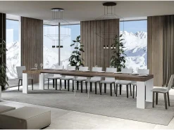 Mesa rectangular extensible madera blanca y nogal 160 a 420 cm Ribo-Base y soporte con ruedas