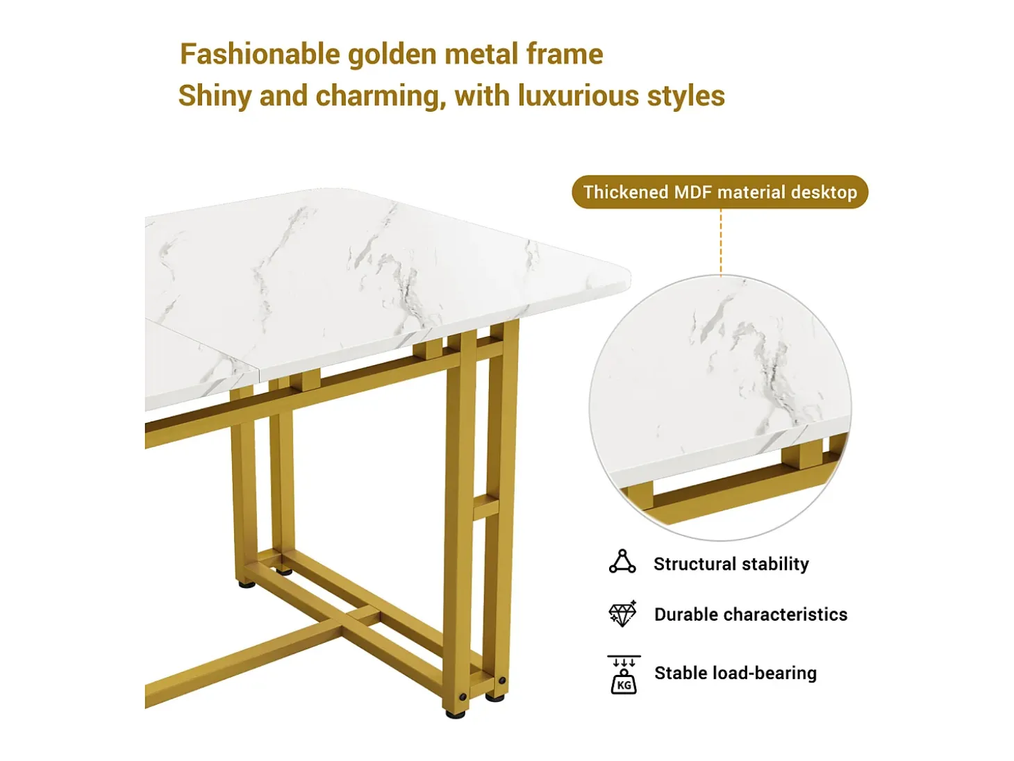 Mesa rectangular 120x70 cm, metal dorado, mesa moderna para comedor y cocina, patas de metal