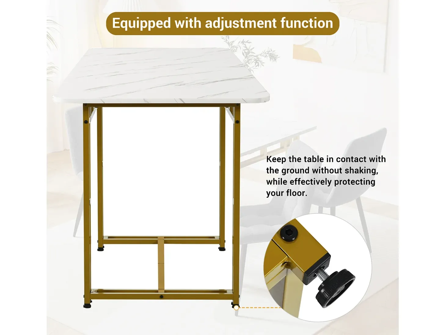 Mesa rectangular 120x70 cm, metal dorado, mesa moderna para comedor y cocina, patas de metal