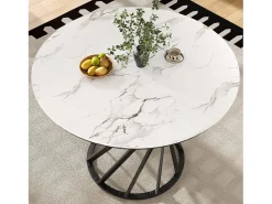 Mesa redonda con patas de metal negro, MDF efecto mármol, 100 cm de diámetro, para 4 personas (100 x 100 x 76 cm)