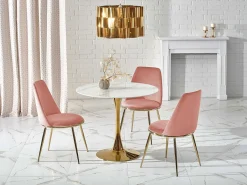 Mesa redonda con tablero de cristal imitación mármol blanco y pata central de acero dorado BOOTIS