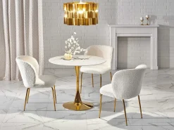 Mesa redonda con tablero de cristal imitación mármol blanco y pata central de acero dorado BOOTIS