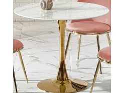 Mesa redonda con tablero de cristal imitación mármol blanco y pata central de acero dorado BOOTIS
