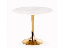 Mesa redonda con tablero de cristal imitación mármol blanco y pata central de acero dorado BOOTIS
