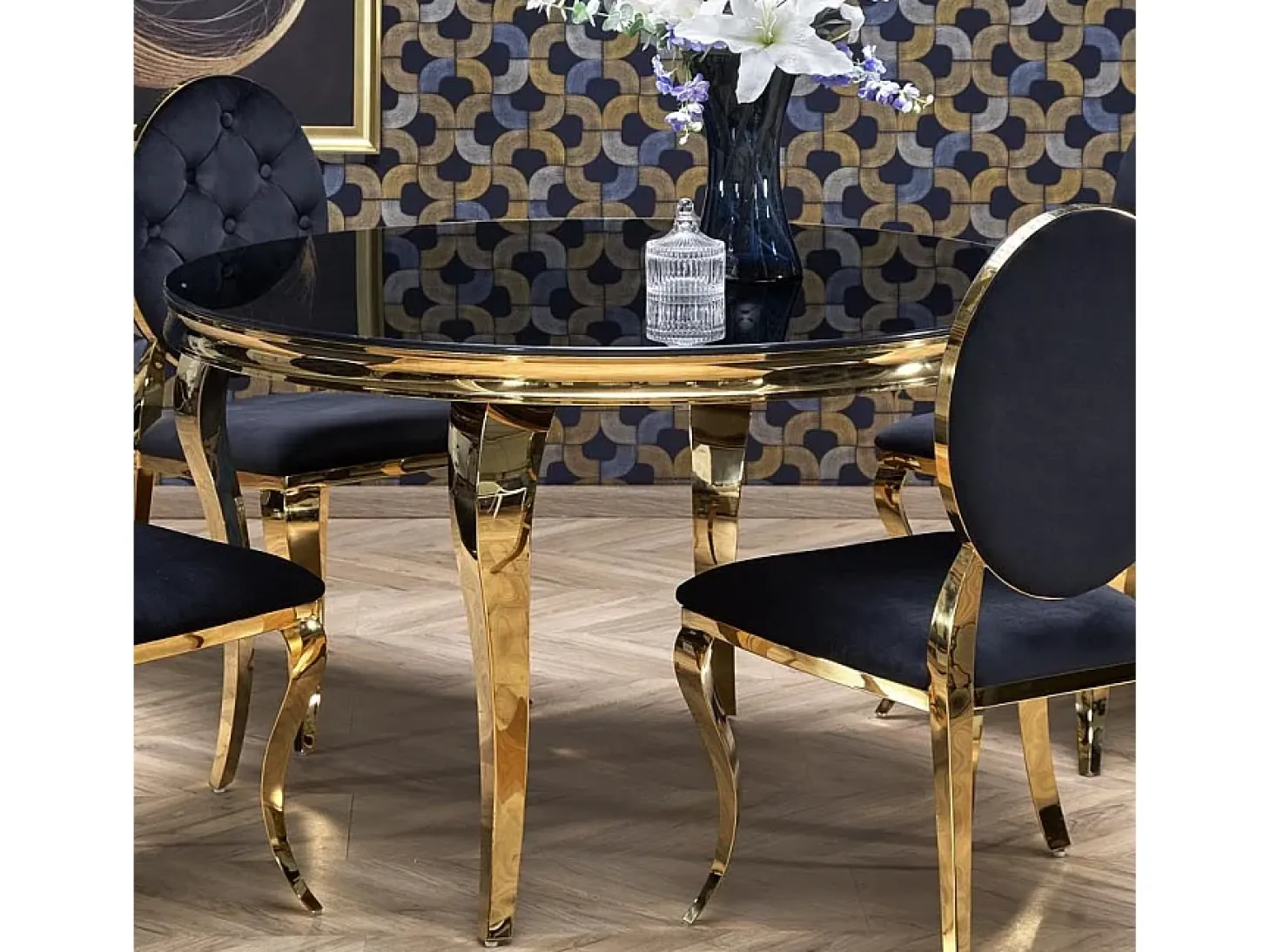 Mesa redonda de 120 cm con patas doradas y tablero de cristal negro CANICA