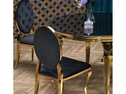 Mesa redonda de 120 cm con patas doradas y tablero de cristal negro CANICA