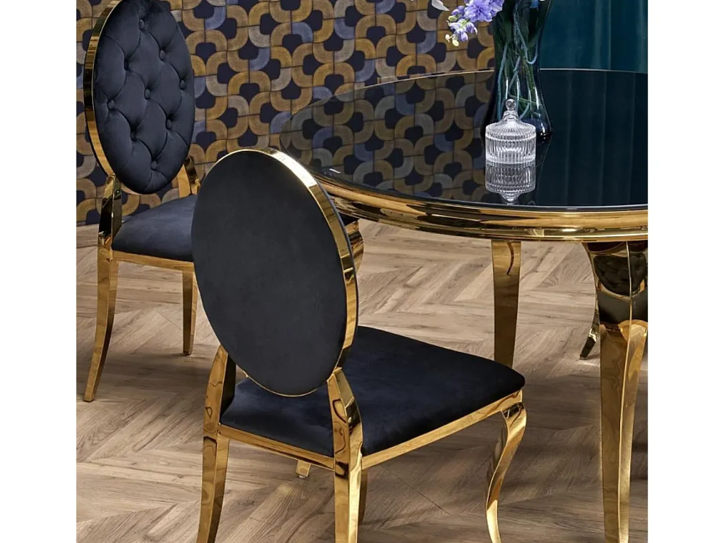 Mesa redonda de 120 cm con patas doradas y tablero de cristal negro CANICA