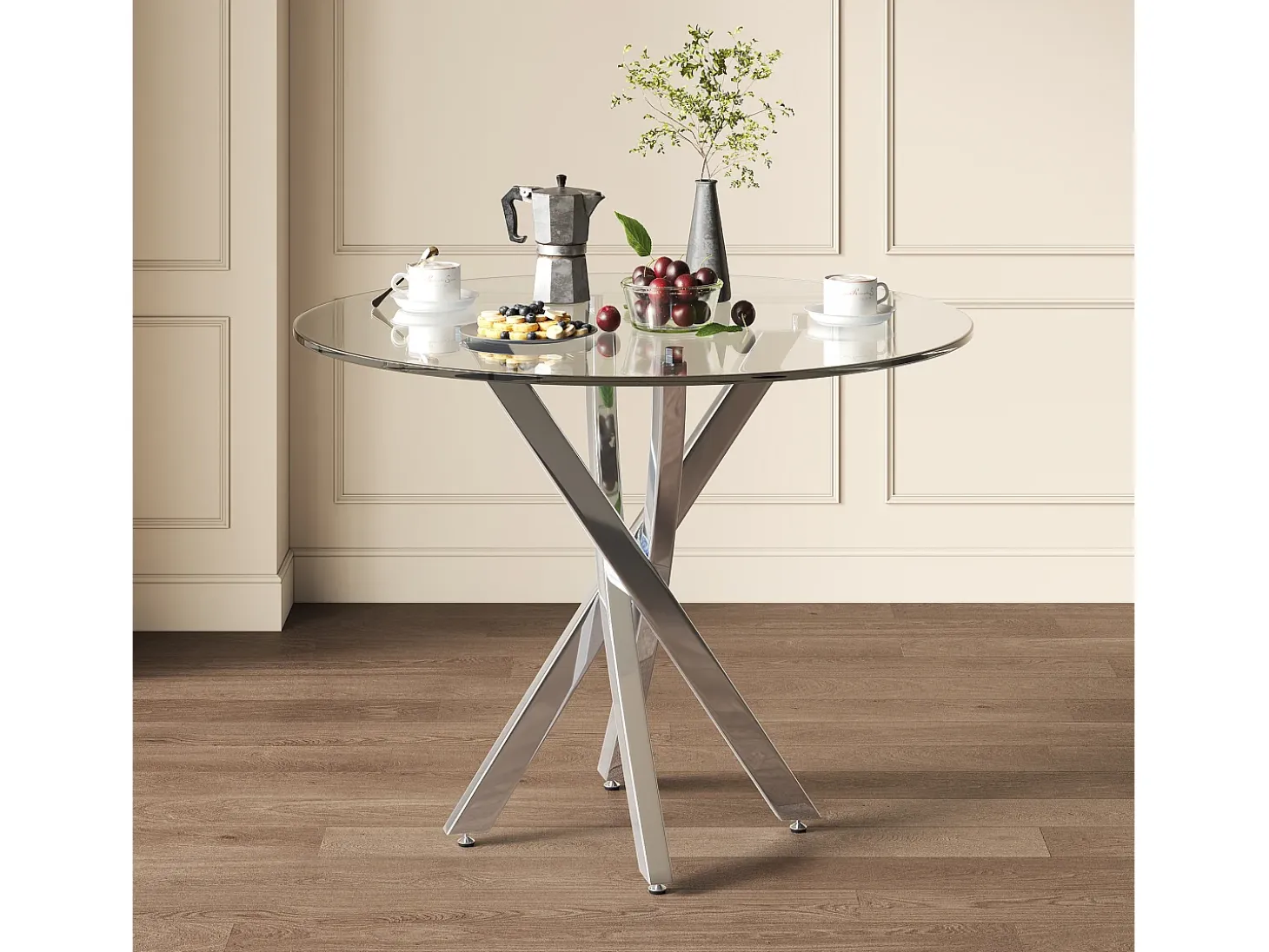 Mesa redonda de comedor 80×80×75 cm - tablero de vidrio templado - patas galvanizadas - plateado